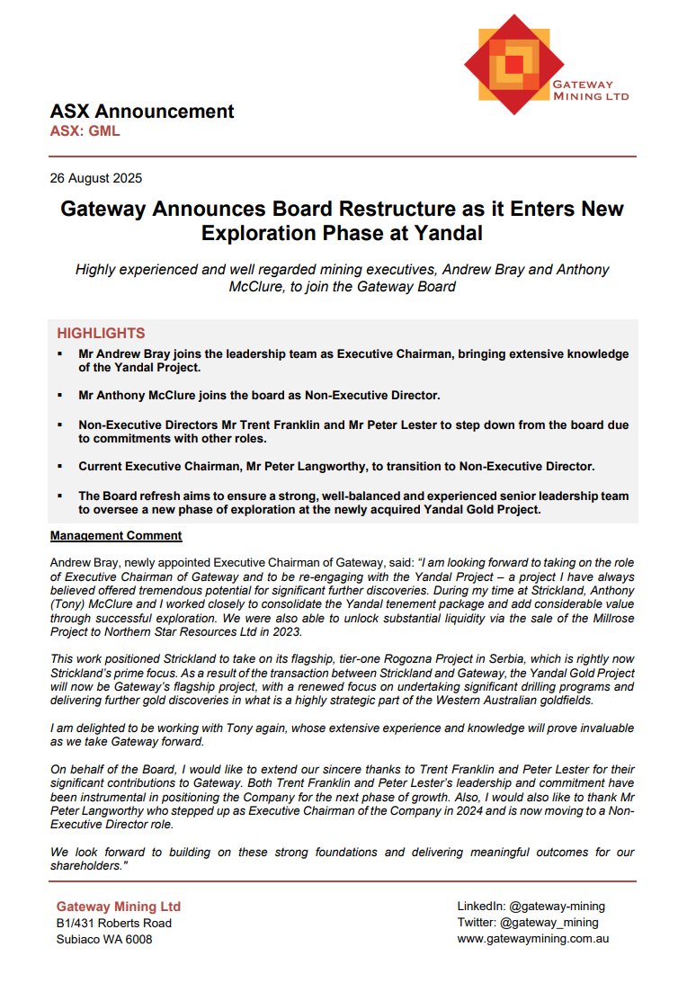 gateway_mining's tweet image. Gateway Mining is pleased to announce the #appointment of highly-experienced mining executives Andrew Bray as Executive Chairman &amp;amp; Anthony McClure as Non-Executive Director as part of a board restructure. 

Read more here: ow.ly/suMs50WLPjU

$GML #ASX #mining #exploration