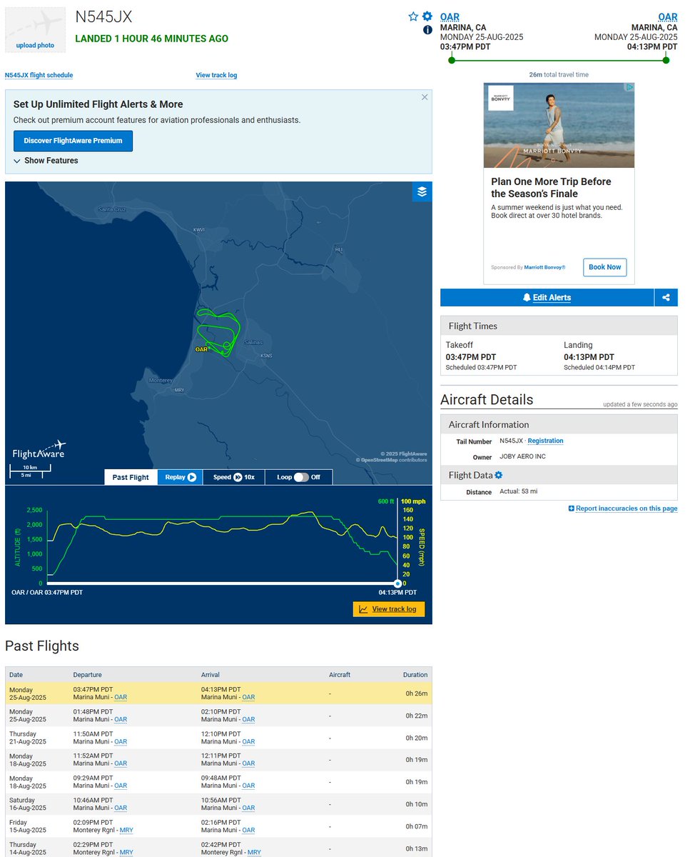 🚁 N545JX logged 2 flights today — with 5 total at Marina, $JOBY kept the skies busy.
