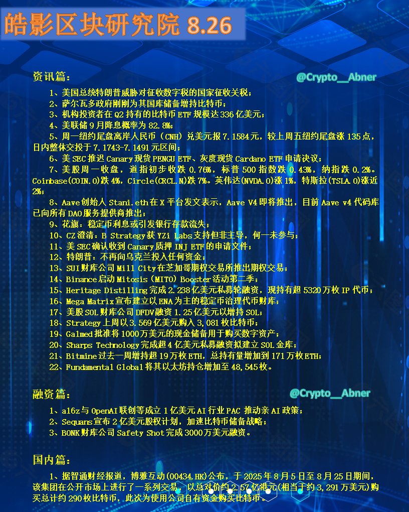 #今日资讯8.26

    增持 #ETH #SOL 的人依旧很多，主要来自 #BTC 盈利玩家的换仓，以及机构的加持和一些财库的加仓。

    本周迎来回调，#BTC 除了传言的远古钱包抛压，获利盘的玩家也止盈不少。#ETH 的多次5000试探终究这波还差点意思，再等下一波勇闯新高。

#牛市 #Alpha #投研 #發財 #干货