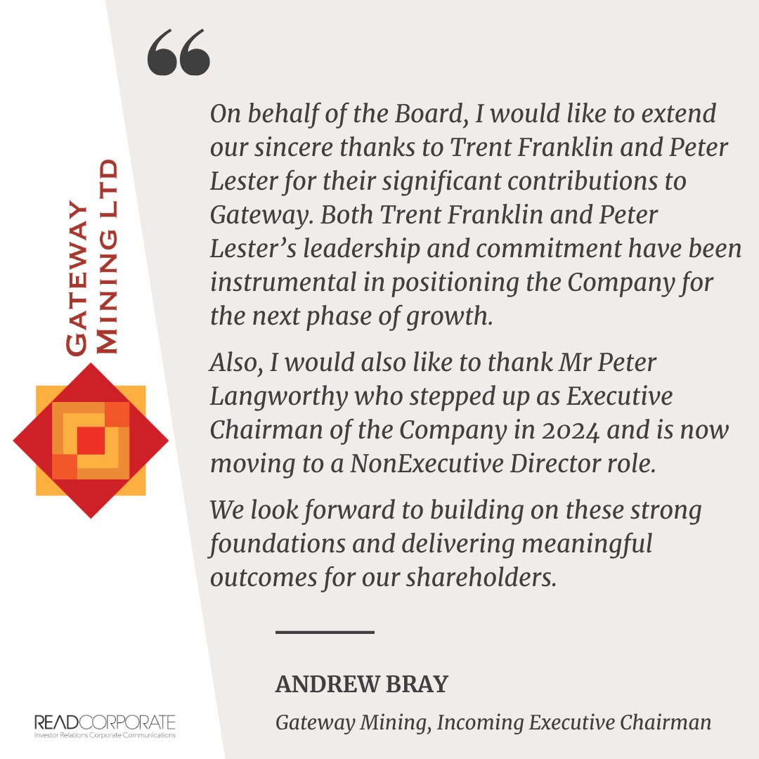 ResourcesRisingStars (@rr_stars) on Twitter photo .@Gateway_Mining appoints highly-experienced mining executives Andrew Bray as Executive Chairman and Anthony McClure as Non-Executive Director as part of a board restructure.
ow.ly/PVmI50WLPkN
$GML #ASX #appointments #ausbiz #mining #exploration .@Gateway_Mining appoints highly-experienced mining executives Andrew Bray as Executive Chairman and Anthony McClure as Non-Executive Director as part of a board restructure.
ow.ly/PVmI50WLPkN
$GML #ASX #appointments #ausbiz #mining #exploration