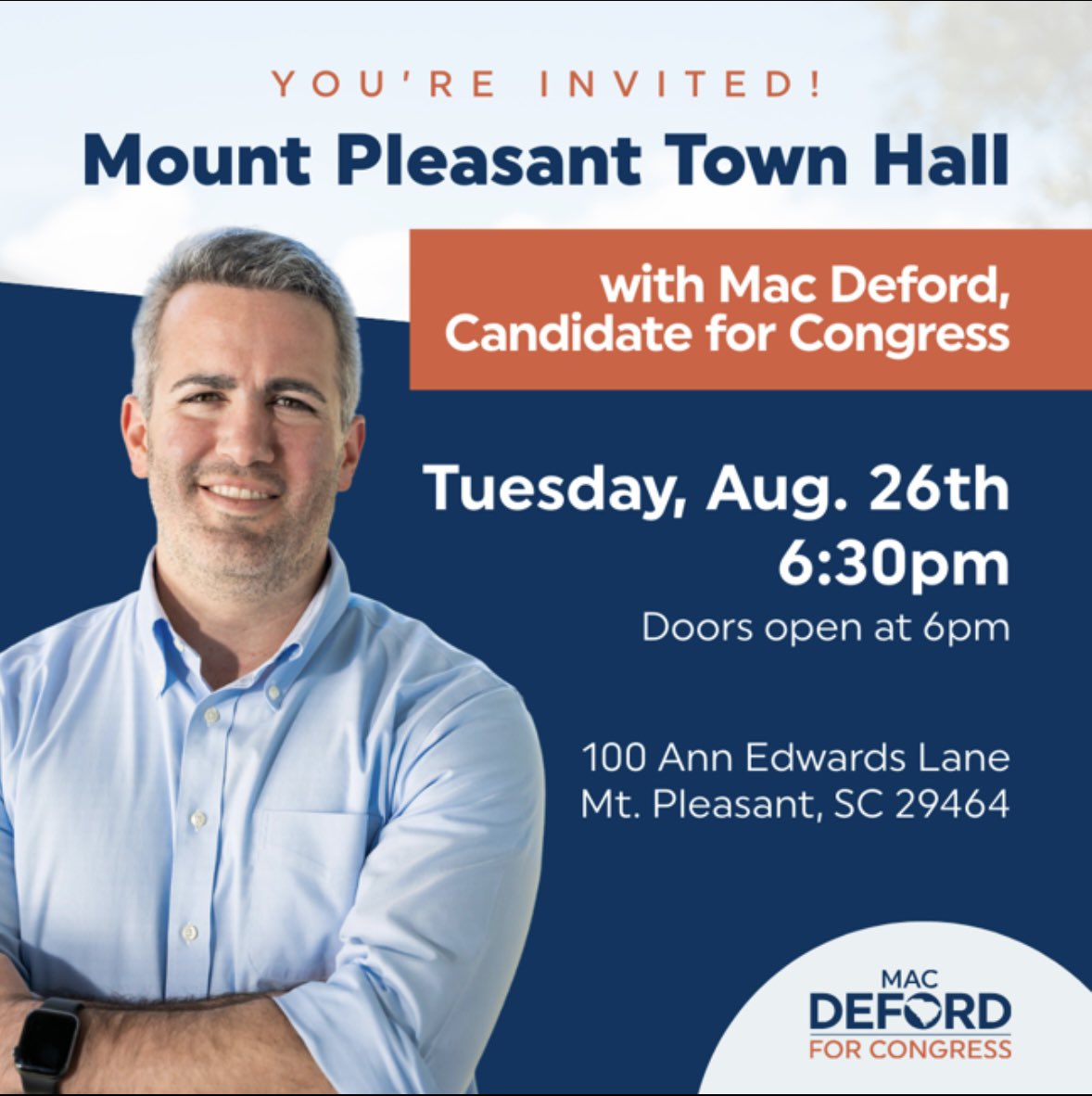 Mac Deford (@macdeford) on Twitter photo Tomorrow, I’m holding my first town hall for SC01. <a href="/NancyMace/">Nancy Mace</a> was invited, but didn’t respond. Not mad, just disappointed.
South Carolina’s 1st Congressional District deserves a representative who will show up, listen, and lead.
And that’s why I’m running. Tomorrow, I’m holding my first town hall for SC01. <a href="/NancyMace/">Nancy Mace</a> was invited, but didn’t respond. Not mad, just disappointed.
South Carolina’s 1st Congressional District deserves a representative who will show up, listen, and lead.
And that’s why I’m running.