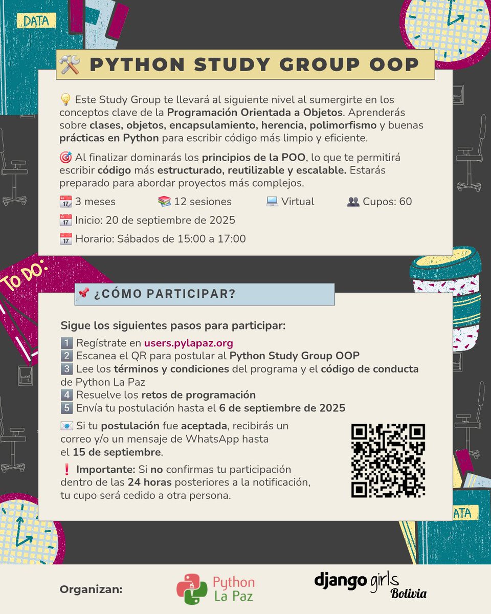 PythonLaPaz's tweet image. 🎉 ¡Llegó lo que todos esperaban! 🐍
Abrimos la convocatoria para el Python Study Group OOP 🚀
🤓 Si aún no cuentas con la *insignia* del Python Study Group for Beginners deberás completar el formulario de postulación hasta del 6 de septiembre.