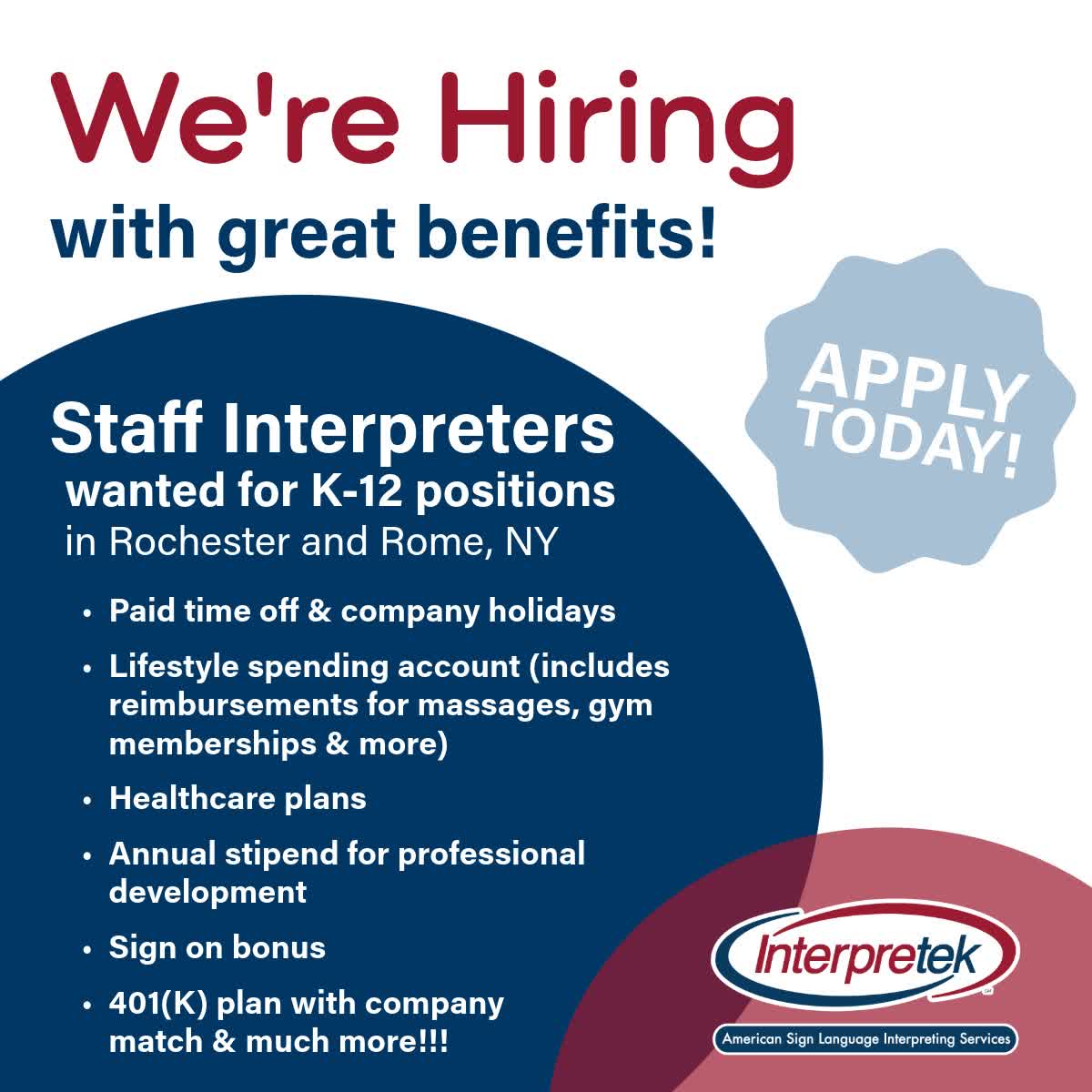Interpretek's tweet image. 📣 We&apos;re Hiring ASL Staff Interpreters!
Join our team in Rochester or Rome, NY as a K-12 interpreter.

✅ Steady school-year schedule
💼 Great benefits
➕ Opportunities for extra work

Apply today! bit.ly/4791W2t