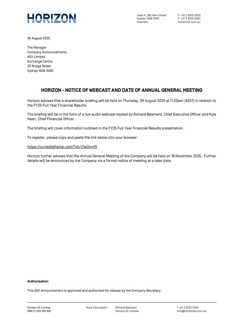 HorizonOil's tweet photo. FY25 Results Webcast and Date of AGM $HZN - https://t.co/0zmOgaA7Ra https://t.co/X3zBfywZll