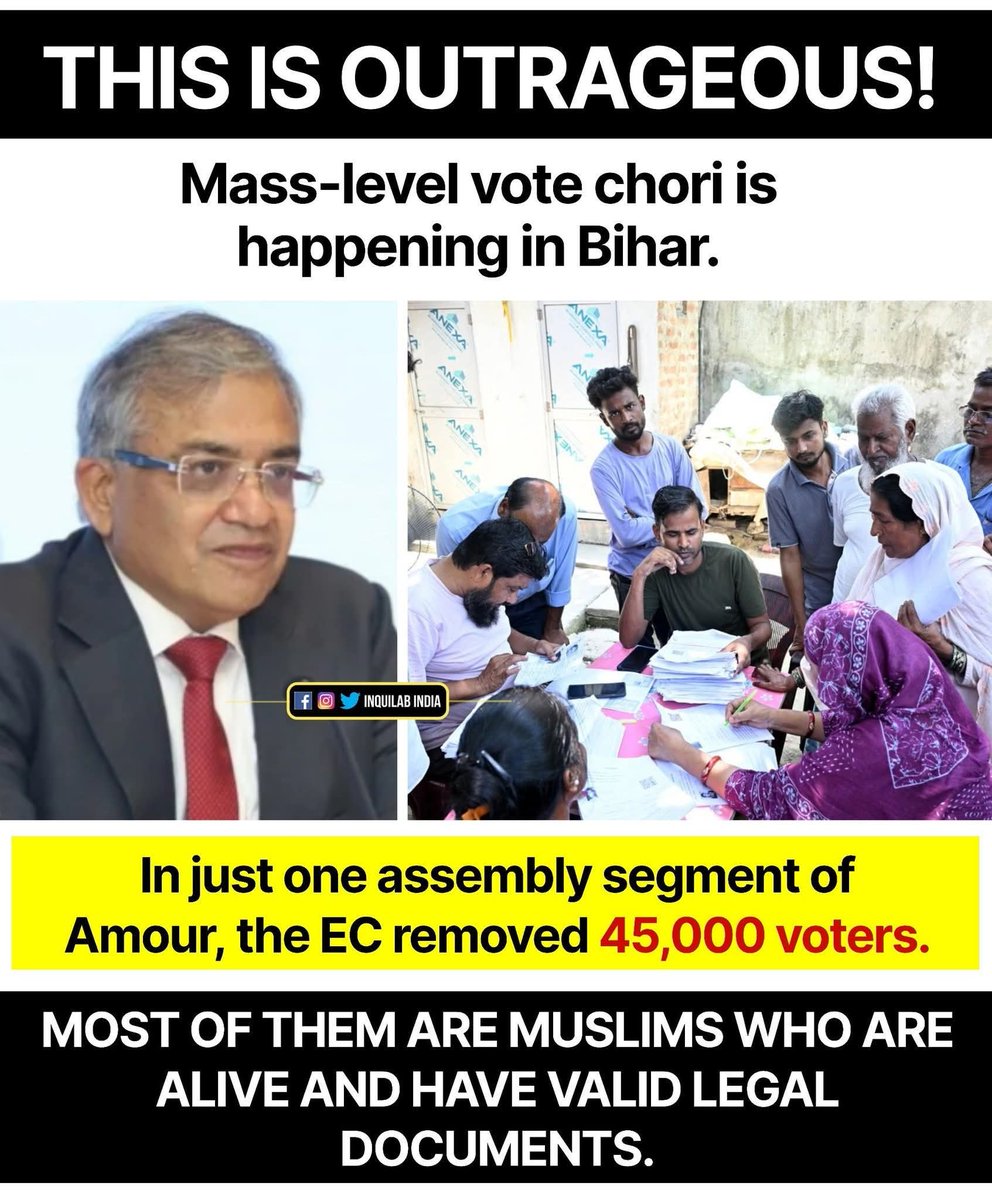 “45,000 valid voters deleted in just one constituency of Bihar.
Most of them alive. Most with documents.
This isn’t election management — it’s democracy theft.

#VoteChor #SaveDemocracy”