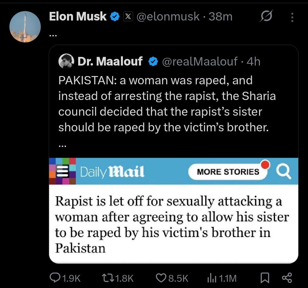 🚨 Shocking &amp; Disturbing News 🚨

In Pakistan, instead of punishing a rapist 👿, a local Sharia council reportedly decided that the rapist’s sister should be raped by the victim’s brother 😡💔

This outrageous “verdict” highlights how some outdated systems still promote revenge
