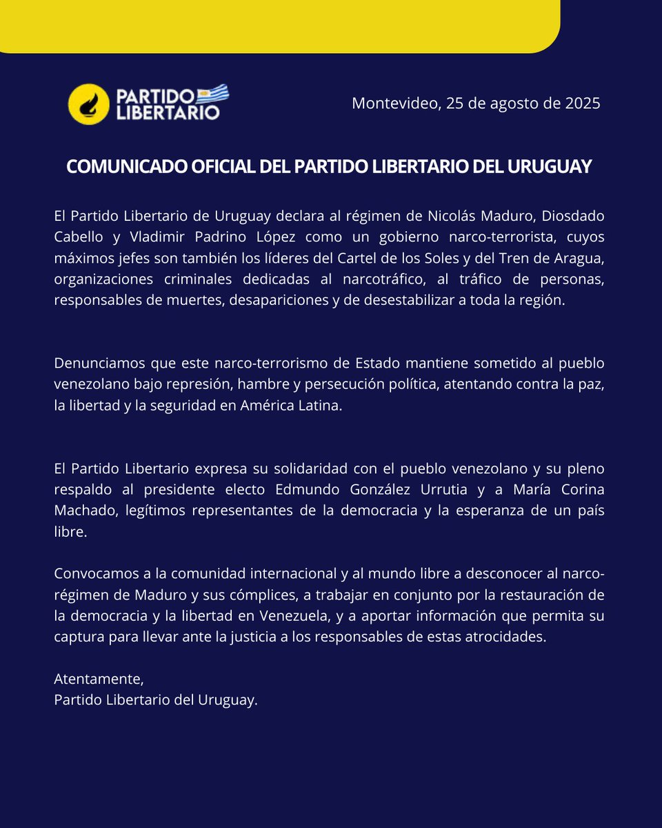Comunicado oficial de la directiva del Partido Libertario Uruguayo