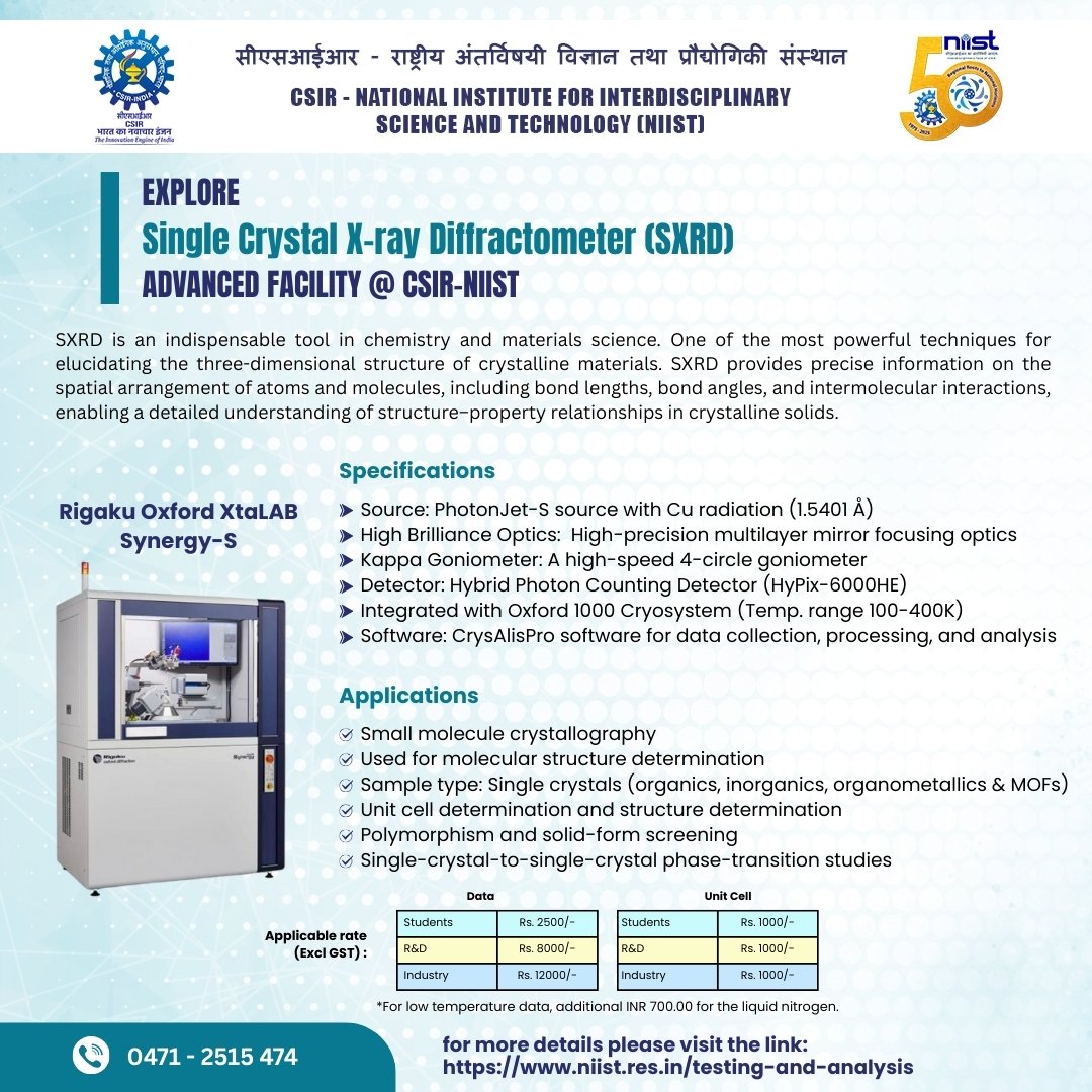 csir_niist's tweet image. Single crystal X-ray diffraction is a powerful technique that provides precise information about the three-dimensional arrangement of atoms in a crystal.
#Crystallography #StructuralChemistry #MolecularStructure #polymorphism #niistcifu @CSIR_IND @DrJitendraSingh