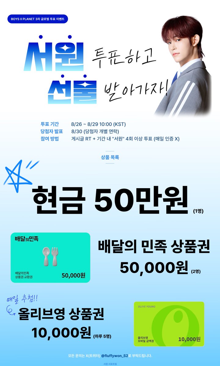 🩵 #보이즈2플래닛 3차 투표 이벤트 🩵
(8/26~8/29 AM 10:00)

#서원 투표하고 선물 받자!! 🎁

✨️ 현금 50만원 (1명)
✨️ 배달의민족 5만원 상품권 (2명)
✨️ 올리브영 1만원 상품권 (매일 5명, 총 20명)

✔️ 참여 방법
- 트윗 #RT + "이벤트 기간" 내 "서원" 4회 이상 투표
(당첨자 개별 투표