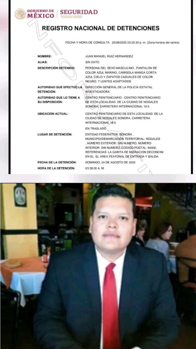 CaborcaY59252's tweet photo. #ÚLTIMAHORA 🚨Fue detenido en #Sonora el Director Jurídico del Ayuntamiento de #Nogales, Juan Manuel “N”. La detención la encabezó la @Amicsonora de la @fgjesonora el domingo. Actualmente se encuentra en el centro penitenciario local según el Registro de Detenciones. https://t.co/DpC7a6AefU