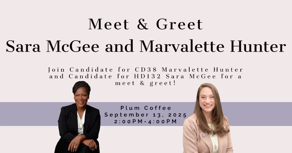 Join me on Saturday, September 13 from 2-4PM at Plum Coffee (11688 Barker Cypress Rd, Cypress, TX 77433) for a special co-meet and greet with Sara McGee, running for Texas House District 132. Grab a cup of coffee, bring your questions, and join the conversation!