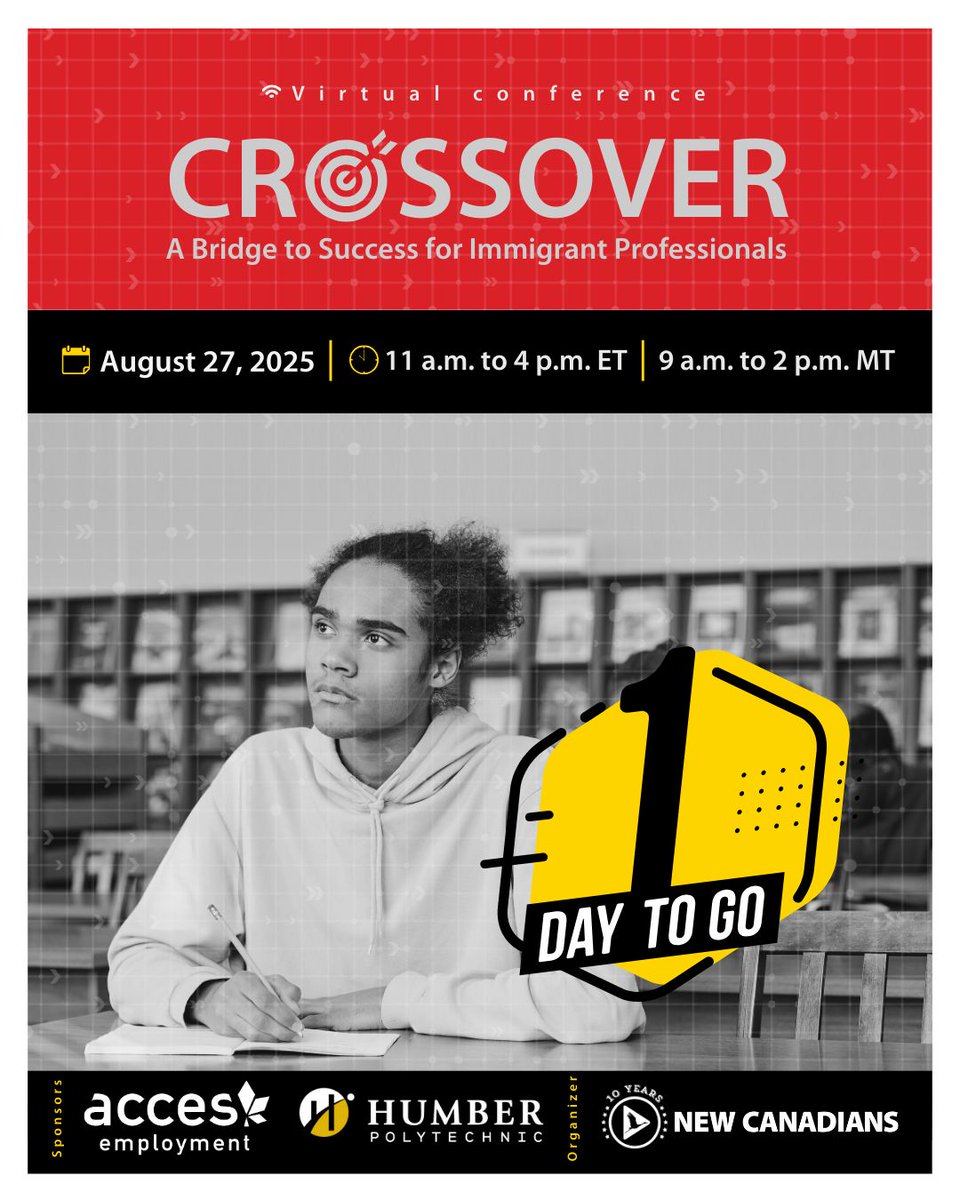 1 day to go for #Crossover2025—our FREE event on Aug 27, designed to help #NewcomerProfessionals re-establish their #CareersinCanada. 

Explore the schedule &amp; get ready for expert-led sessions, access to resources &amp; networking! 

Register now: buff.ly/WVnC2k4 

#CdnImm