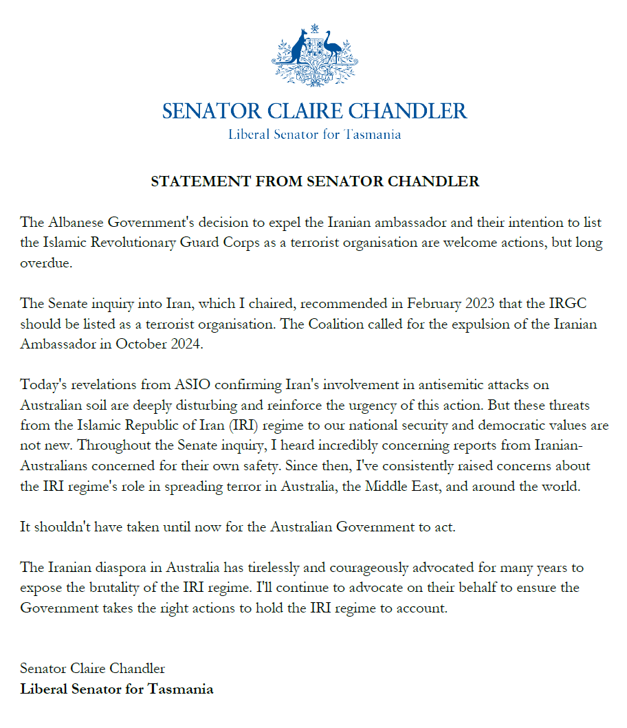 My statement on Australia's terrorist listing of the IRGC and expulsion of the Iranian Ambassador