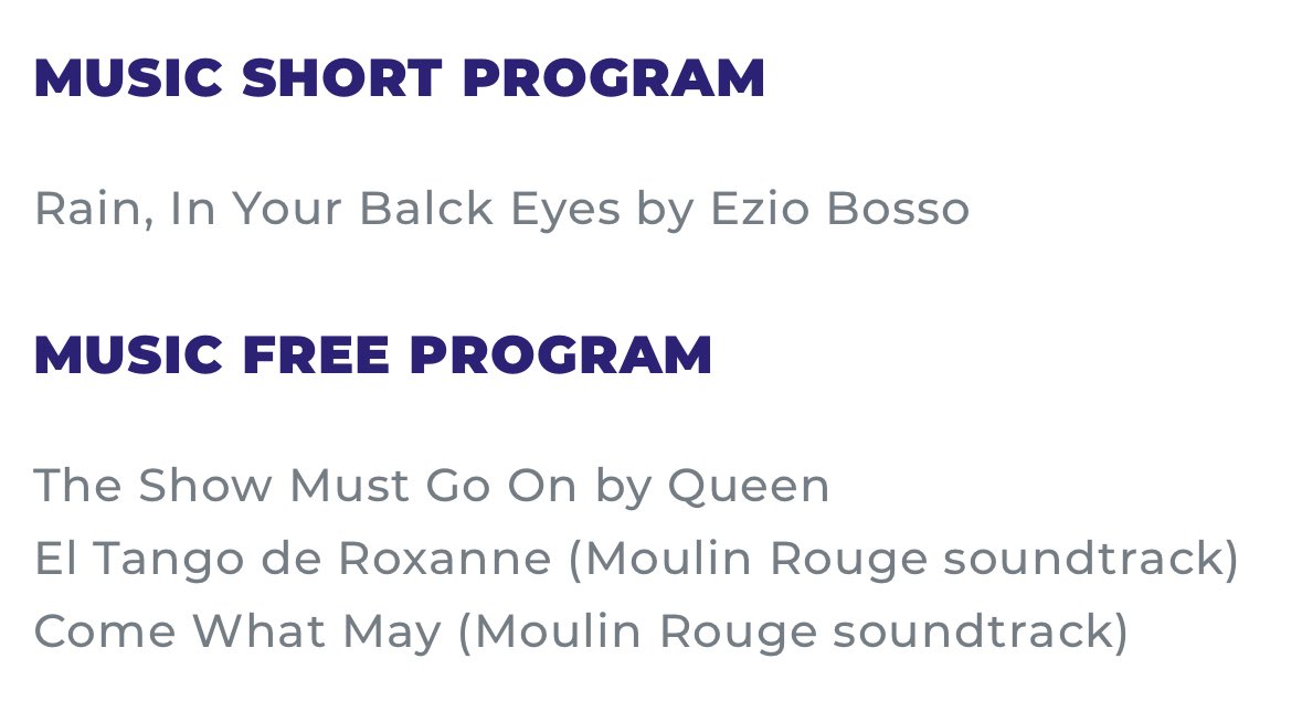 #차준환 25/26 시즌 선곡 공개 !!!!!

쇼트
Rain, In Your Balck Eyes by Ezio Bosso

프리
- The Show Must Go On by Queen
- El Tango de Roxanne (Moulin Rouge soundtrack)
- Come What May (Moulin Rouge soundtrack)

차준환이 올림픽시즌에 말아주는 레블아 퀸 물랑 
진짜너무기대됨제발ㅁㅊ