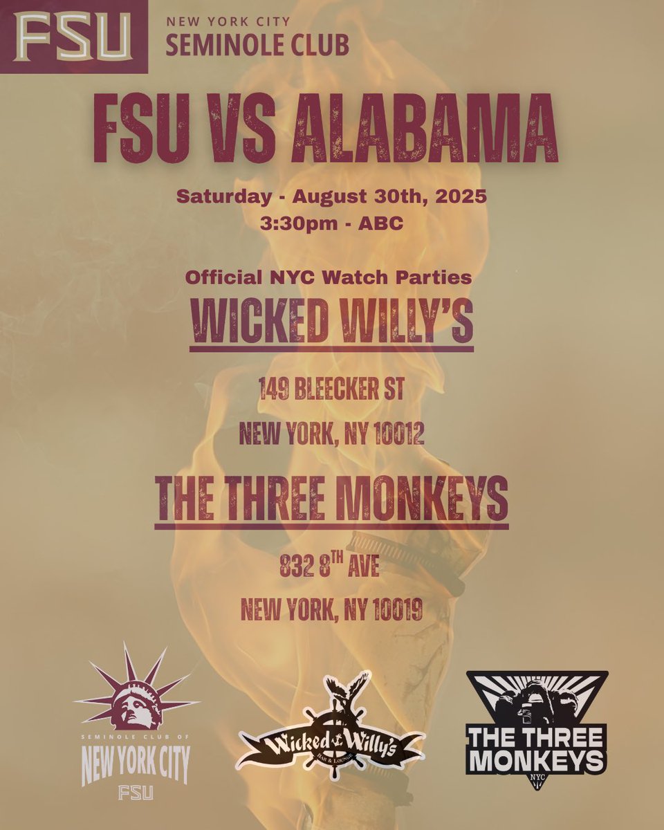 FSUnyc's tweet image. IT&apos;S OFFICIALLY GAMEWEEK! Join us Saturday, August 30th at 3:30pm at @WickedWillysNY and @TheThreeMonkeys for @FSUFootball vs Alabama! #NYCNoles #FSUFootball #FSU #Noles @FSUFootball @SeminoleClubs @FSUAlumni 🗽🍢🏈