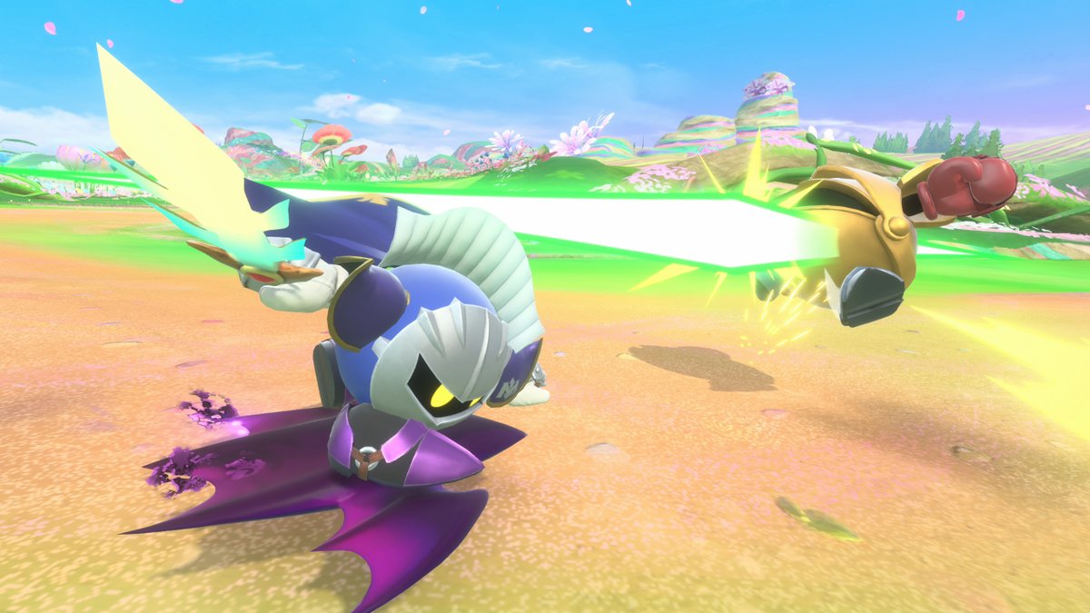 Meta Knight strikes out with his sword when enemies or rivals get close. His speed gets a boost with each hit! #KirbyAirRiders