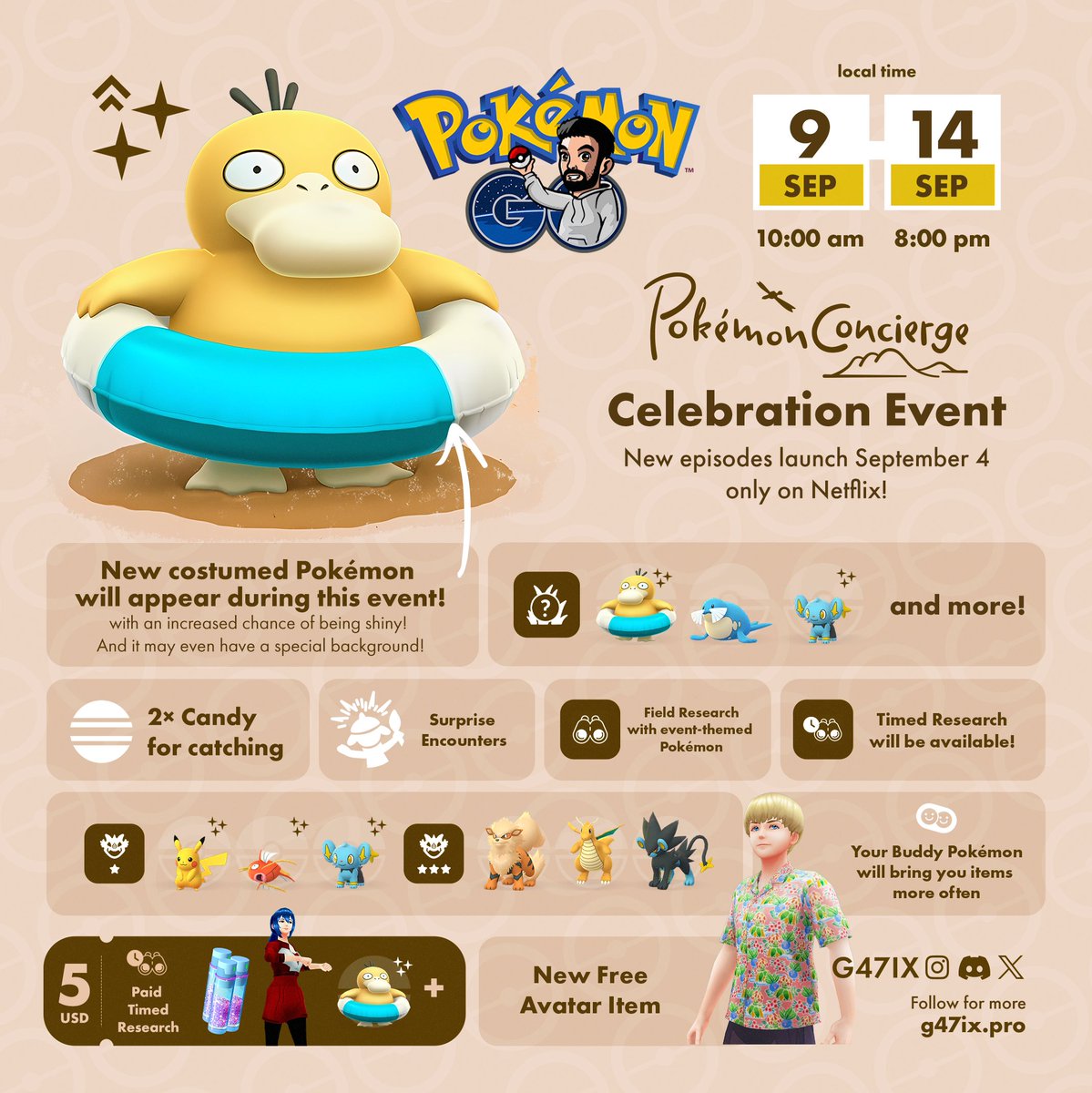🏝️ Pokémon Concierge Celebration Event in #PokemonGO!
📅 Sept 9–14, 2025

✨ Debut: Psyduck with a swim ring (shiny and background chance!)
🕶️ New free Aloha Shirt