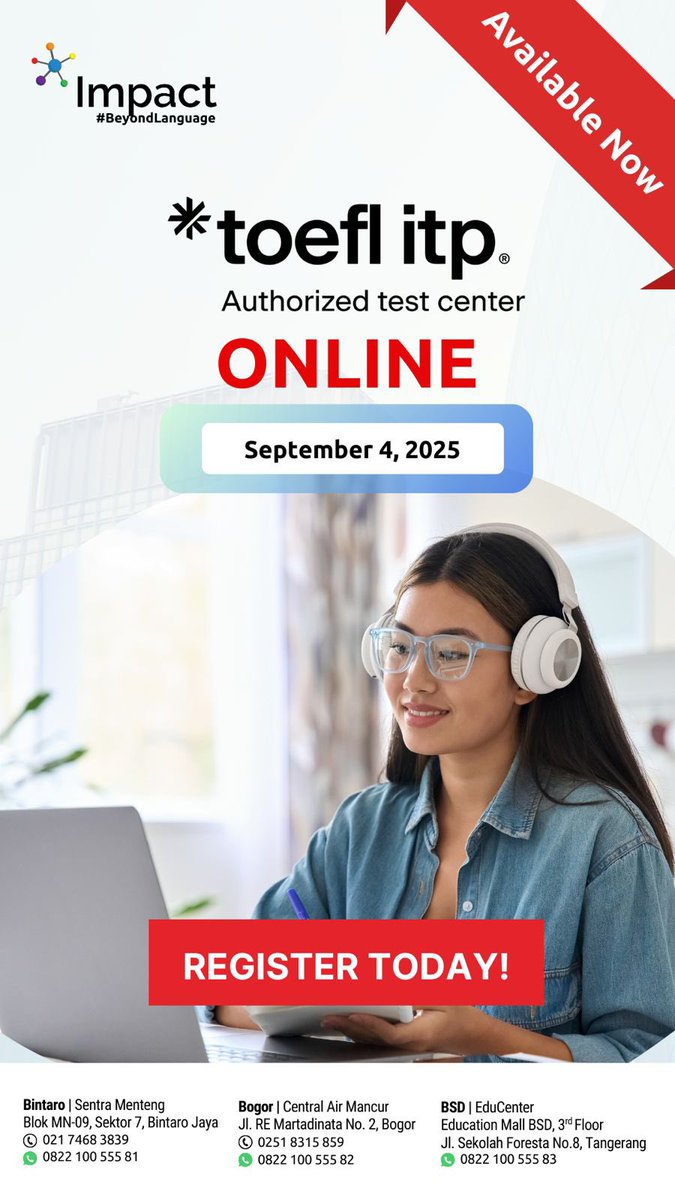 Whether it’s for study, work, or scholarships, the TOEFL ITP Online Test at IMPACT can open doors for you. Take it online and get results faster. 

🗓️ Deadline to register: August 27, 2025
📱 Contact us through our WhatsApp number at 0822 1005 5582