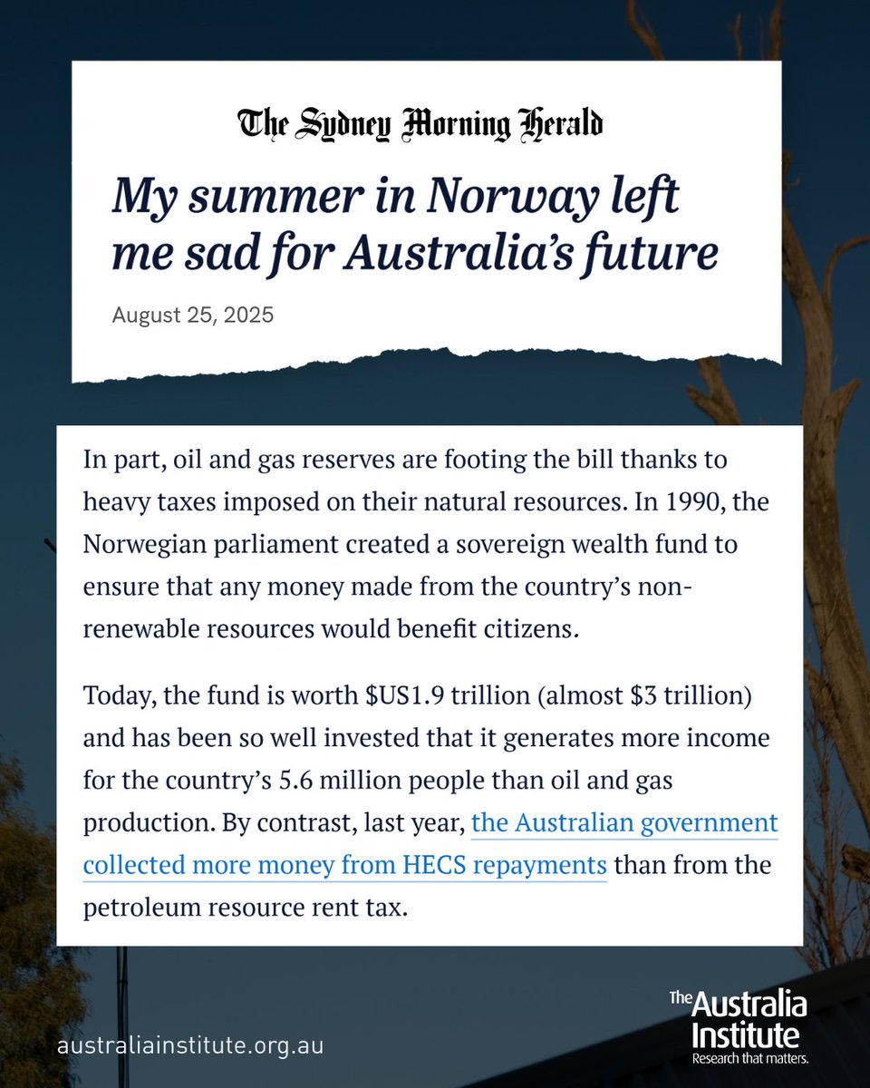 TheAusInstitute's tweet image. "Norway created a sovereign wealth fund to ensure that money made from the country’s non-renewable resources would benefit citizens. The fund is worth $US1.9 trillion."
"Last year, the Aus govt collected more from HECS repayments than from the PRRT."
🔗 theaus.in/HECSvPRRT