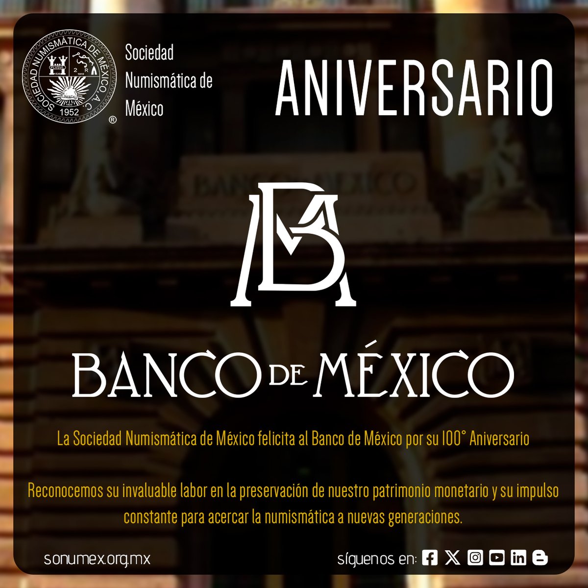 La Sociedad Numismática de México felicita al Banco de México por sus 100 años de historia.
Su labor en la preservación del patrimonio monetario y la difusión de la numismática es un legado que inspira a nuevas generaciones.

#SONUMEX #BancoDeMéxico #100Años #Numismática