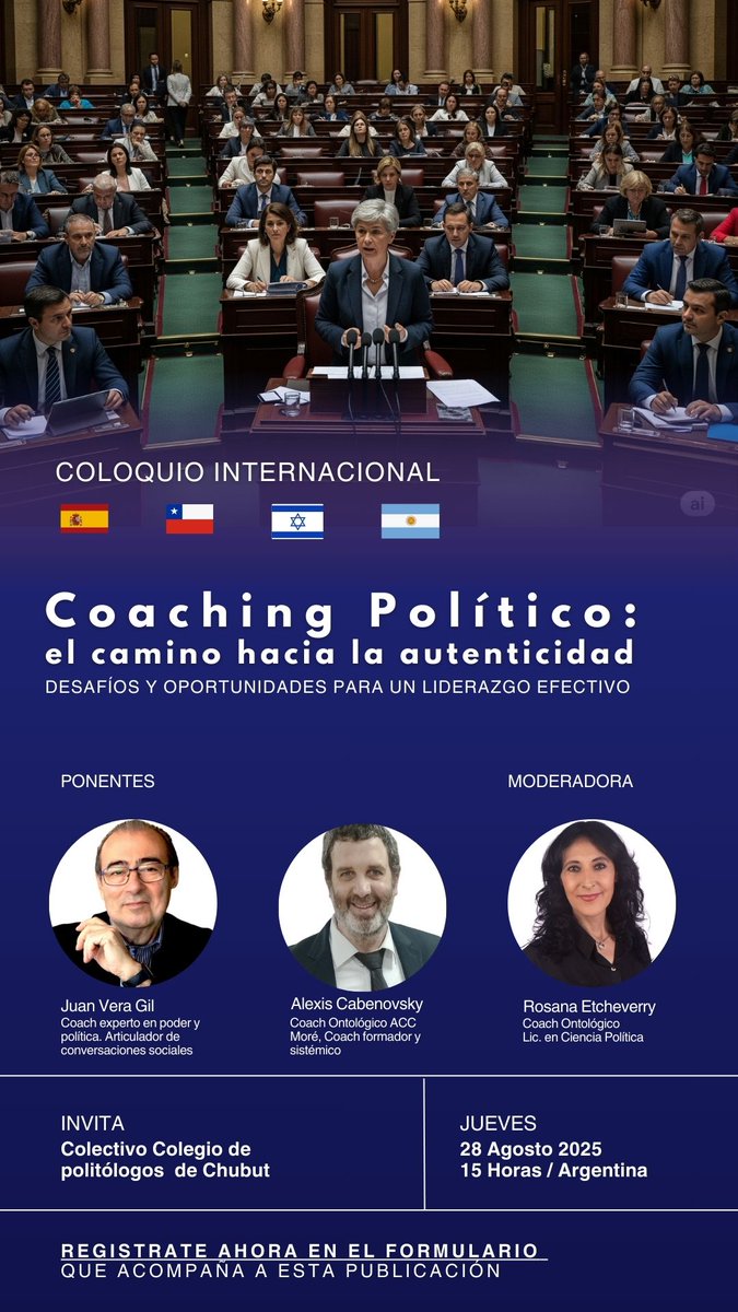 El Colectivo Colegio de Politólogos de Chubut te invita a participar en el Coloquio Internacional: 
📅 28 de agosto⏰15:00 hs (Argentina)
Contaremos con la presencia de expositores de talla mundial. No te pierdas esta oportunidad 
➡️ Regístrate  aquí: forms.gle/zMaEsB5aCuEFqc…