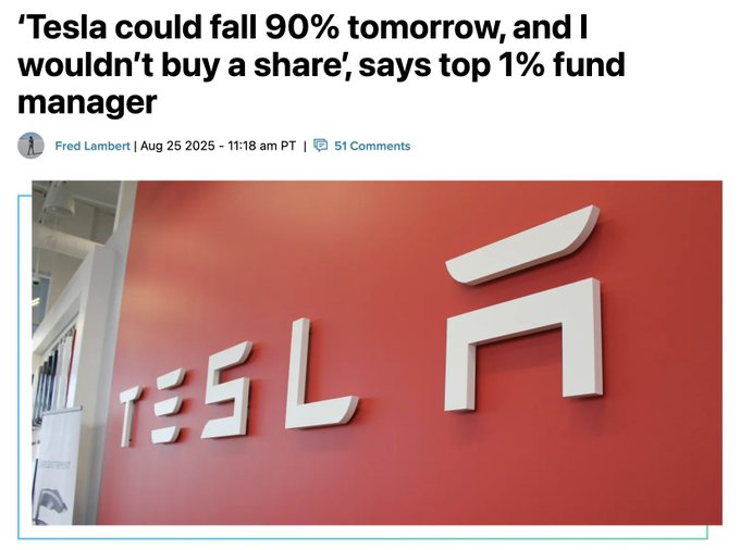 [테슬라 90% 폭락 발언의 파장]

한 탑 1% 펀드매니저가 "내일 테슬라가 90% 폭락해도 단 한 주도 사지 않겠다"는 발언을 내놓음

이 말은 단순한 테슬라 비관론을 넘어, 지금의 주가와 밸류에이션을 정통 펀드 매니저들이 얼마나 이질적으로 보고 있는지를 드러냄

펀더멘털 측면에서는