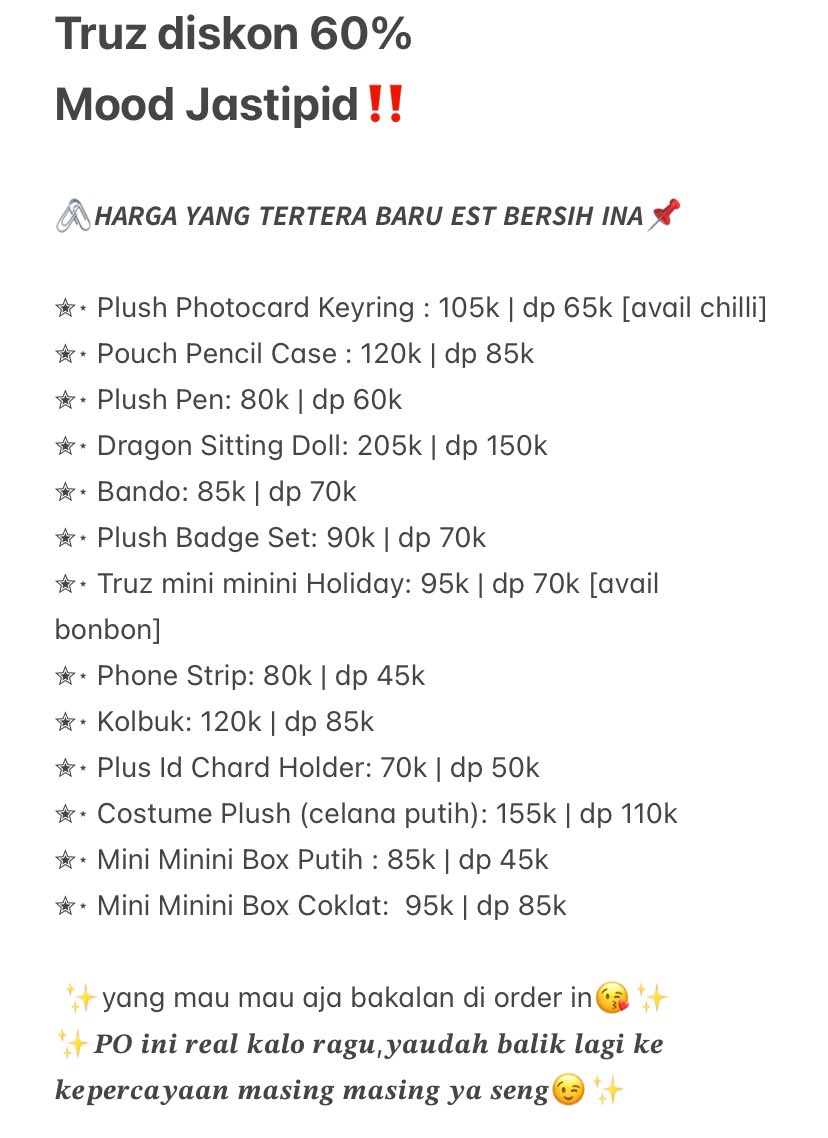 impwarkj's tweet image. 🖇️OPEN ORDER TRUZ DISKON 60%💫

mau tanya katalog lain boleh dm yappp😉

✅est bersih ina
🏡 Go Line Bekasi
📨 DM for order🙌🏻
