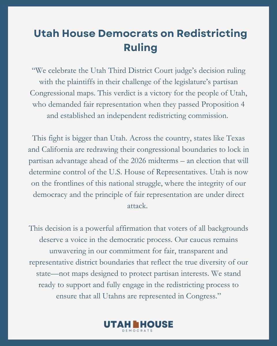 Utah House Democrats’ statement on the Third District Court Judge’s ruling on redistricting 

#utpol #utleg