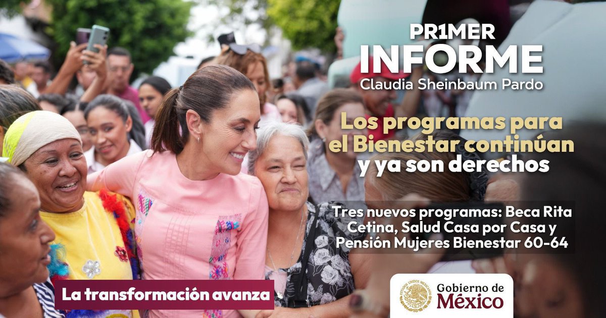 Bajo el liderazgo de nuestra Presidenta <a href="/Claudiashein/">Claudia Sheinbaum Pardo</a>, los programas sociales no solo continúan: ya son derechos constitucionales. 

A un año de su gobierno, #LaTransformaciónAvanza, y lo hace con justicia social.

#PrimerInforme