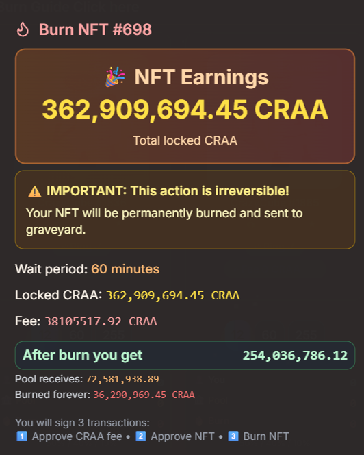 crazy___cube's tweet photo. You will get very few tokens because the burn distribution works like this: 70% goes to you, 20% back to the pool, and 10% is burned. Based on the screenshot, you’ll end up with about 160 million. You need to press Ping again — the first press only activated CRA accumulation for this NFT. On the second press, tokens move to the Locked CRA section.

Now you can burn them nft, but it doesn’t make much sense since the amount is small. The best option is to press once every 7 days — tokens accumulate for up to 7 days and then stop. Or press every 24 hours to get a +2.7% bonus (up to 190% max). On top of that, NFT rarity gives an extra boost of up to +50%.

The system may seem complicated, but it’s designed to create balance: keep the NFT or claim the tokens. Growth will start when we launch the second project on another blockchain, where two tokens will be required — one of them being CRAA. That’s why selling now is not profitable — bridging is the smarter move.

As for the Graveyard, it’s currently empty — the last 8 NFTs were already taken. To refill it, someone has to burn their NFT and claim the tokens.   ......  Your NFTs have few accumulated CRA tokens. Check the Locked CRAA section — it shows 0 now. Press it, and you’ll see about 230 million, which is what was accumulated in 24 hours. In the future, when CRA increases in value (and it definitely will), that’s when burning will become profitable.