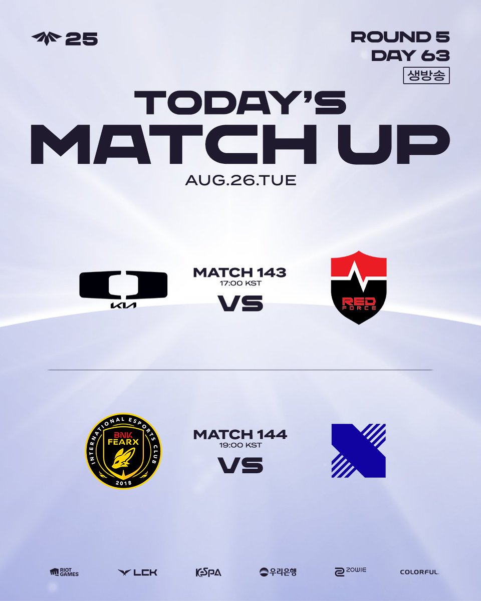 2025 LCK CL] 8/26(화) 매치업 순위 싸움에 결정타를 날릴 하루!💪 오늘의 매치업을 확인해 보세요! Match 143.  17:00 [KST] DK vs NS Match 144. 19:00 [KST] BFX vs DRX