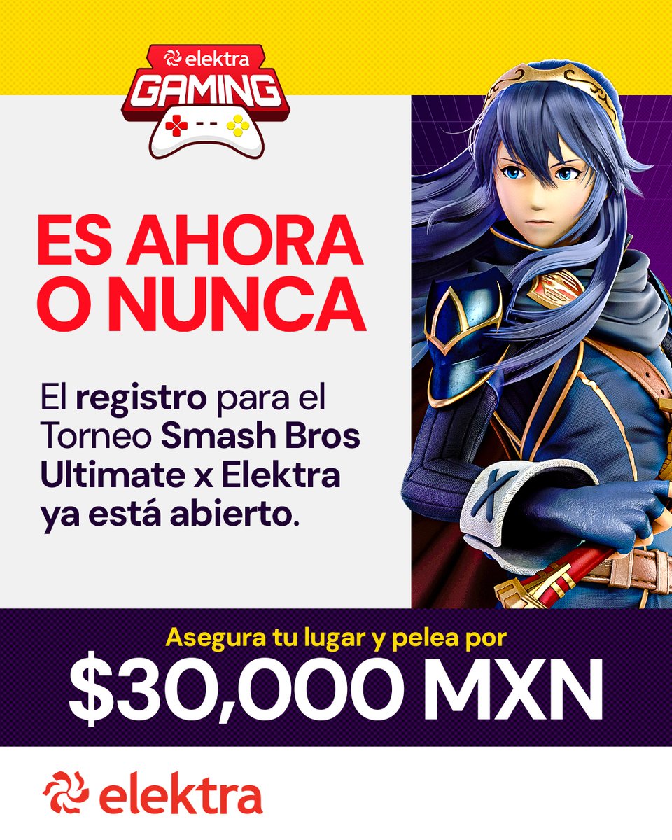 Battler GG (@battler_gg) on Twitter photo 🔥 ¡Regístrate ya!
👉 Da clic aquí: bit.ly/3HwfdYB
El Primer Torneo Presencial de Smash Bros Ultimate x <a href="/ElektraMx/">Elektra México</a> llega a 📍Casa Battler 🎮
🏆 $30,000 MXN para el campeón
.
.
#SmashBrosUltimate #TorneoElektra 🔥 ¡Regístrate ya!
👉 Da clic aquí: bit.ly/3HwfdYB
El Primer Torneo Presencial de Smash Bros Ultimate x <a href="/ElektraMx/">Elektra México</a> llega a 📍Casa Battler 🎮
🏆 $30,000 MXN para el campeón
.
.
#SmashBrosUltimate #TorneoElektra