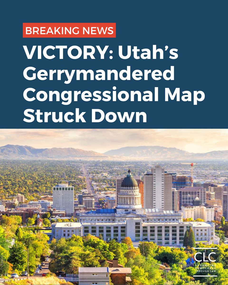 CampaignLegal's tweet photo. BREAKING: In a big victory for Utah voters’ right to fair maps — as well as for our clients, @lwvutah and @mormonweg — Utah's congressional map has been struck down following our lawsuit alleging the districts are illegal partisan gerrymanders. https://t.co/nQH7DNpmng
