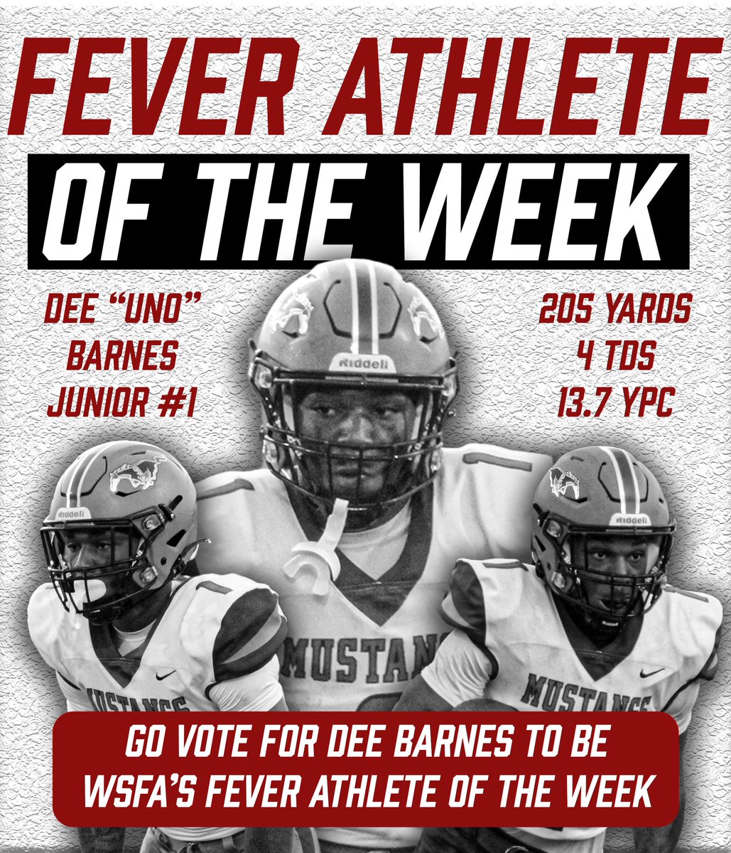 SEHS Mustangs fans,

Dee Barnes is currently up for WSFA's Fever Athlete of the Week following his 205 yard, 4 TD performance vs. Marbury.

Make sure to go vote for him on WSFA's website.
-
#WeAreSE #StampedE #HorsePower <a href="/SEHSMustangsFB/">SEHS Mustangs FB</a>