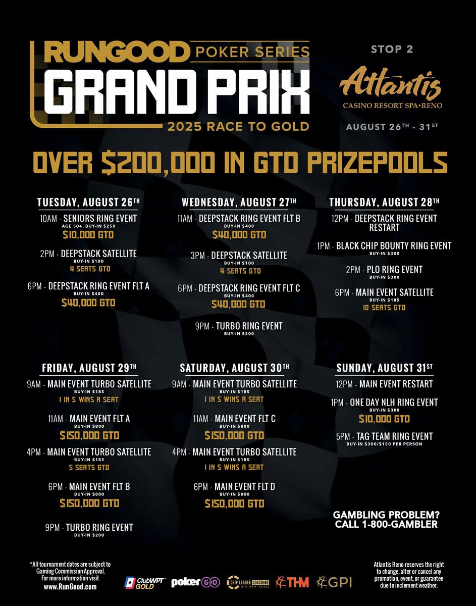 Join us for poker at Atlantis Casino Reno! 🎰 

STARTS TUESDAY! 🏁 🏎️ 🏆

Schedule below. ⬇️