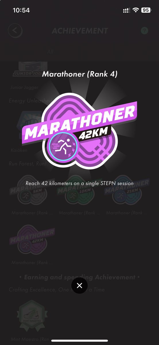 Daz_Mint's tweet photo. 42km達成🎉
普段WalkerなのにJoggerで挑戦💦 下限4kmを何度も割ったのでダメかと思ったけど、なんとかバッジGET✨
…満足して投稿うっかり忘れてた😅

#STEPNRun #STEPN https://t.co/xeMceLqIQM