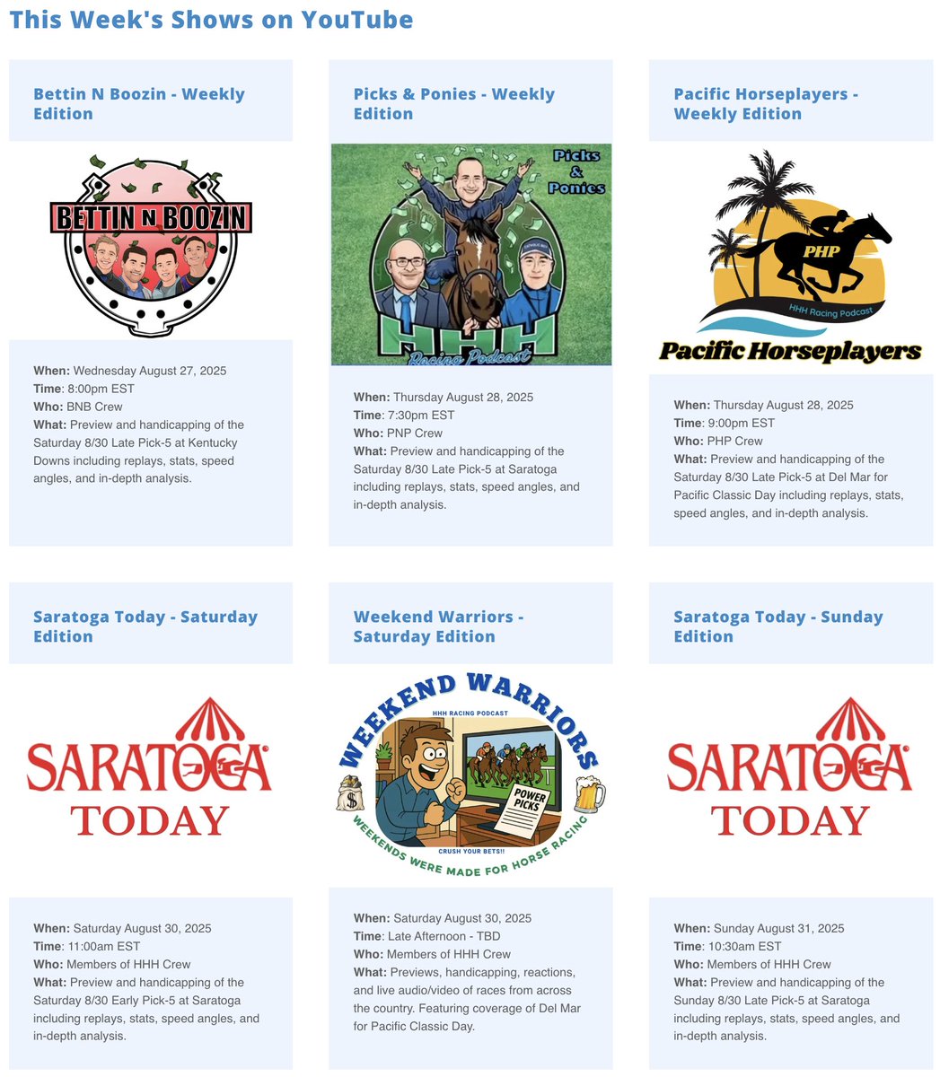 Peter J. Visco 🇮🇹🏇 (@pvisco28) on Twitter photo Check out this week's (8/27-8/31) shows on the <a href="/hhhracingpod/">HHH Racing Podcast</a> with previews and live coverage of #Saratoga, <a href="/KYDownsRacing/">Kentucky Downs</a>, and <a href="/DelMarRacing/">Del Mar Racetrack</a> at youtube.com/c/HHHRacingPod….
Join us LIVE in the chats if you can!!
#HorseRacing #horseracingtips <a href="/TheNYRA/">NYRA (🎪)</a> <a href="/FanDuel_Racing/">FanDuel Racing</a> <a href="/BreedersCup/">Breeders' Cup</a> Check out this week's (8/27-8/31) shows on the <a href="/hhhracingpod/">HHH Racing Podcast</a> with previews and live coverage of #Saratoga, <a href="/KYDownsRacing/">Kentucky Downs</a>, and <a href="/DelMarRacing/">Del Mar Racetrack</a> at youtube.com/c/HHHRacingPod….
Join us LIVE in the chats if you can!!
#HorseRacing #horseracingtips <a href="/TheNYRA/">NYRA (🎪)</a> <a href="/FanDuel_Racing/">FanDuel Racing</a> <a href="/BreedersCup/">Breeders' Cup</a>