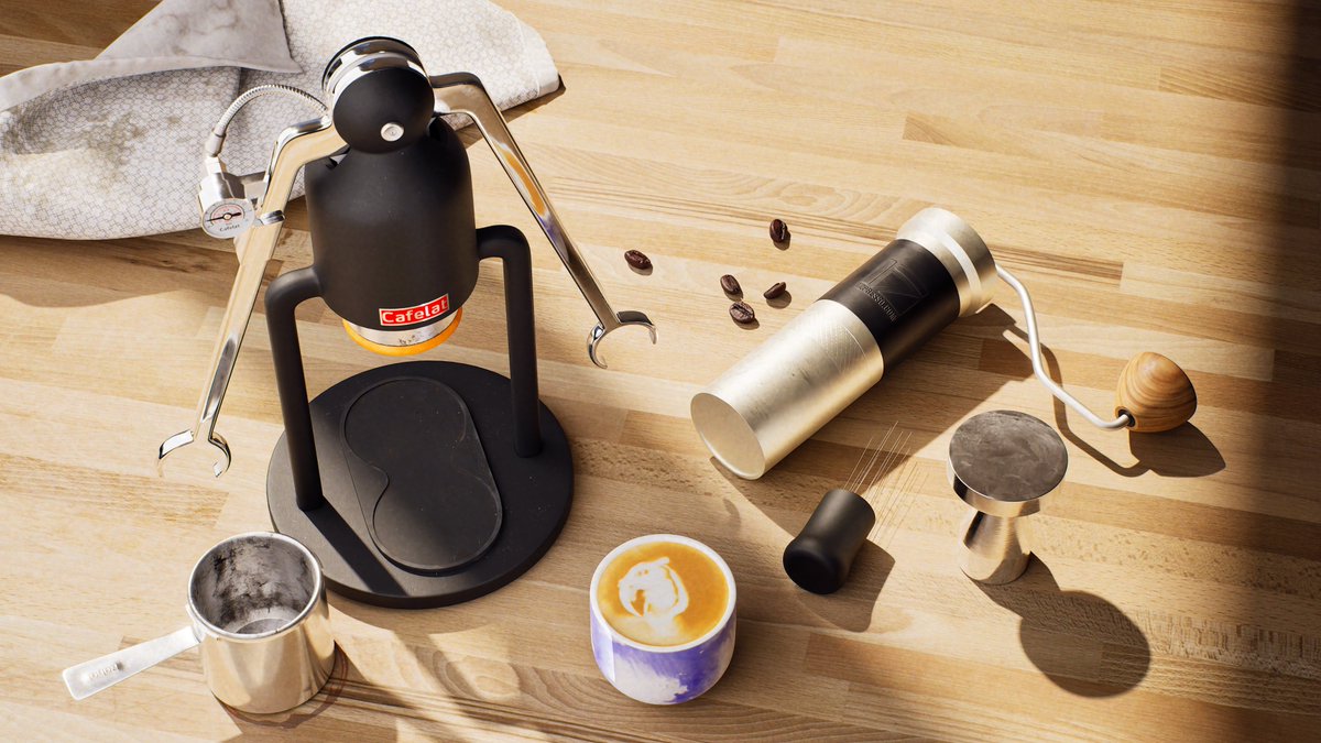 Potatojim's tweet photo. Here's little still life of my espresso set up in UE5! My goals for this project were to focus closely on nuance in my materials and to explore a Lumen to path tracing workflow in UE5 (now that I have a GPU that can do it 🙏). Check out more here!: https://t.co/2lQO2eab5d

#3dart https://t.co/tsgk3cDgEV