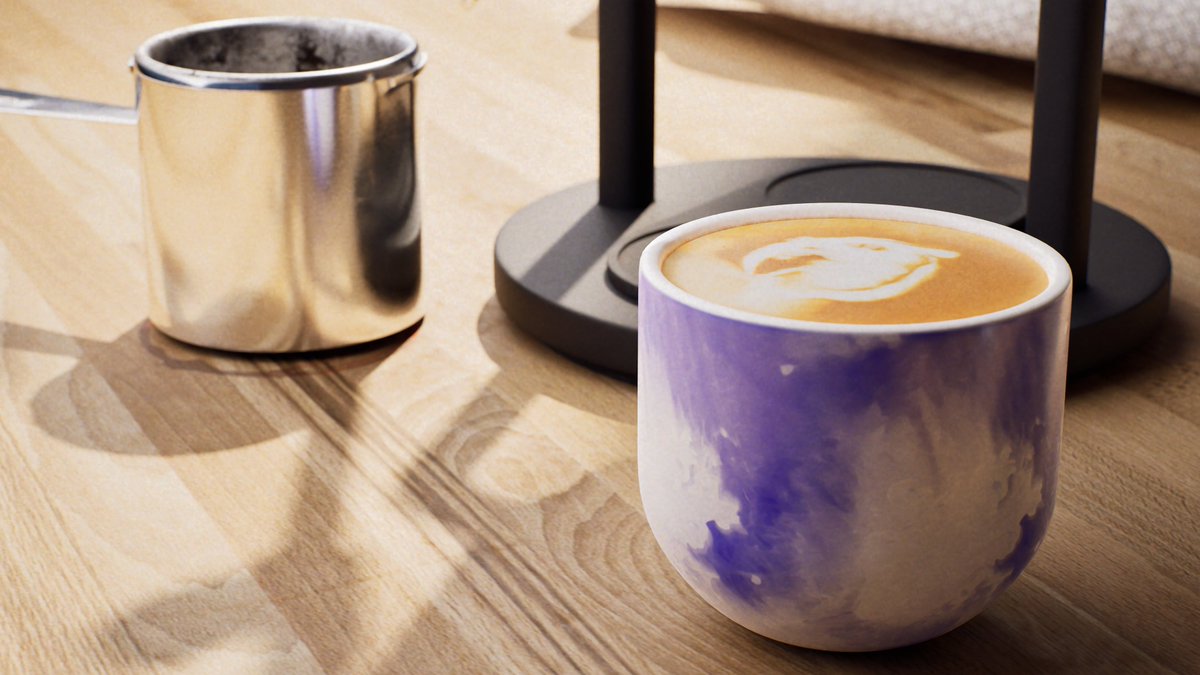 Potatojim's tweet photo. Here's little still life of my espresso set up in UE5! My goals for this project were to focus closely on nuance in my materials and to explore a Lumen to path tracing workflow in UE5 (now that I have a GPU that can do it 🙏). Check out more here!: https://t.co/2lQO2eab5d

#3dart https://t.co/tsgk3cDgEV