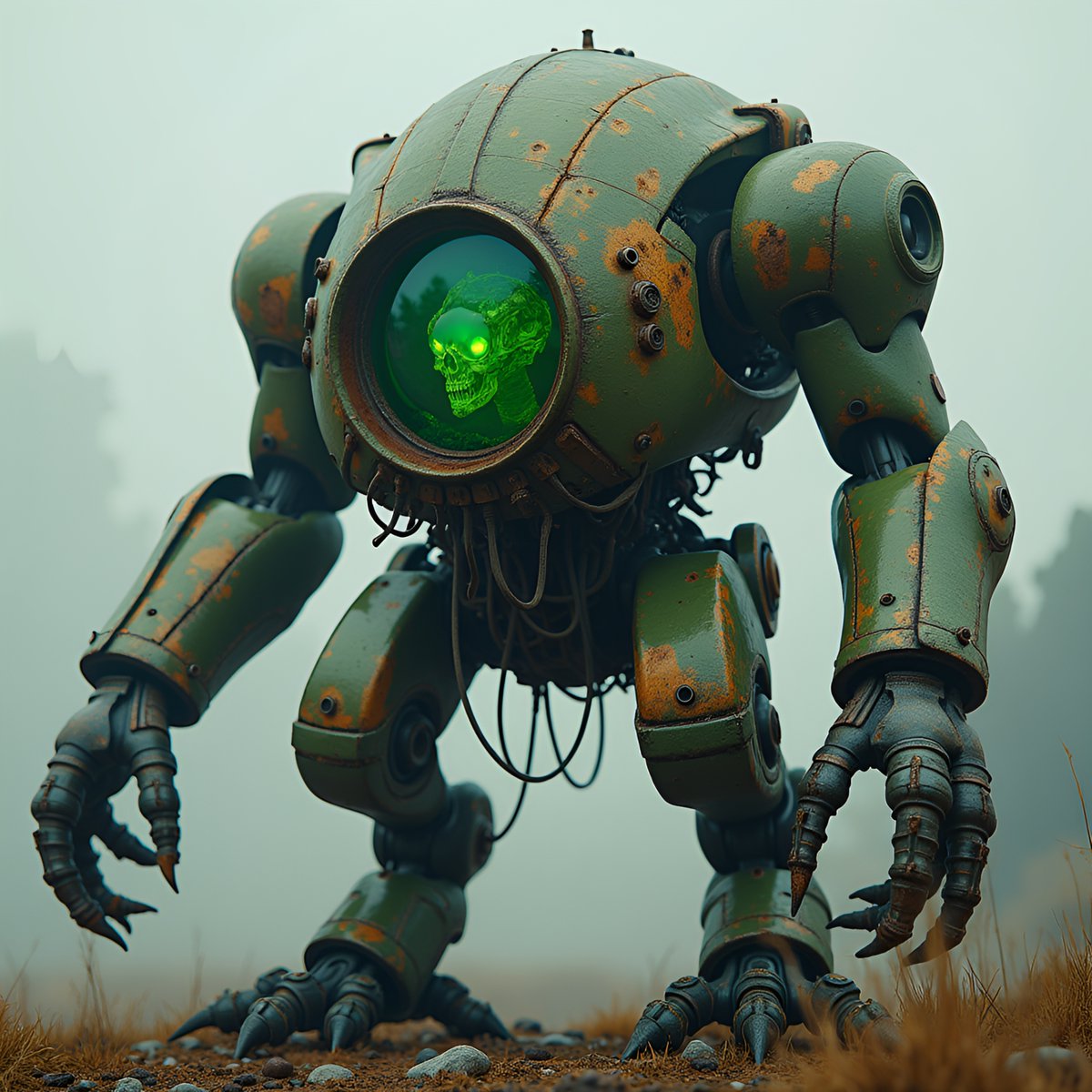 PromptSin's tweet image. Dark sci-fi vibes with a creepy skull in the eye of a rusty robot! 🤖💀 #Futuristic #RobotArt