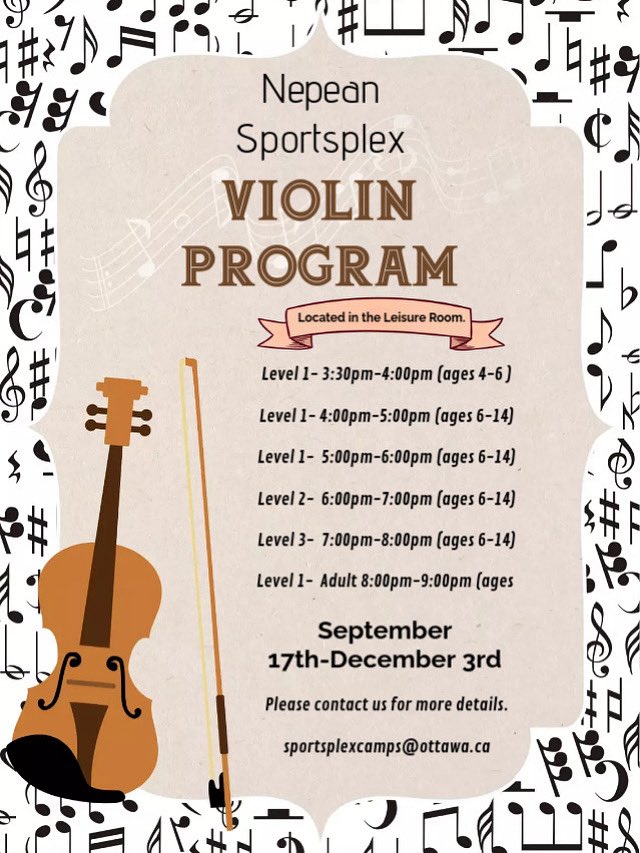 Starting September 13, Violin and Viola classes at two City of Ottawa locations; Nepean Sportsplex and St.Laurent Complex. 

The City of Ottawa also provides subsidies for lower-income families, making this a wonderful opportunity to start or continue your musical journey.