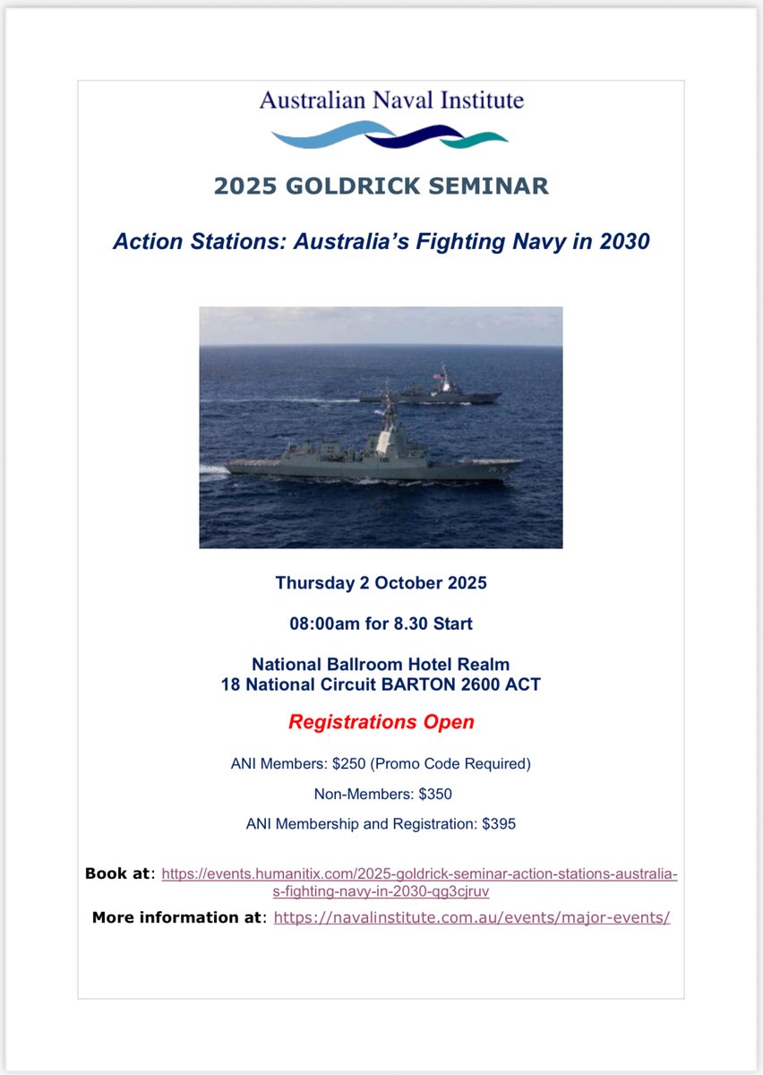 Jennifer Parker (@japarker29) on Twitter photo Registrations are now open for the <a href="/AusNavInst/">Naval Institute</a> 2025 Goldrick Seminar 'Action Stations: Australia’s Fighting Navy in 2030', to be held on 2 October 2025.
I look forward to moderating 2 important sessions:
⚓ A strategic conversation with Andrew Shearer, Director-General of the Registrations are now open for the <a href="/AusNavInst/">Naval Institute</a> 2025 Goldrick Seminar 'Action Stations: Australia’s Fighting Navy in 2030', to be held on 2 October 2025.
I look forward to moderating 2 important sessions:
⚓ A strategic conversation with Andrew Shearer, Director-General of the