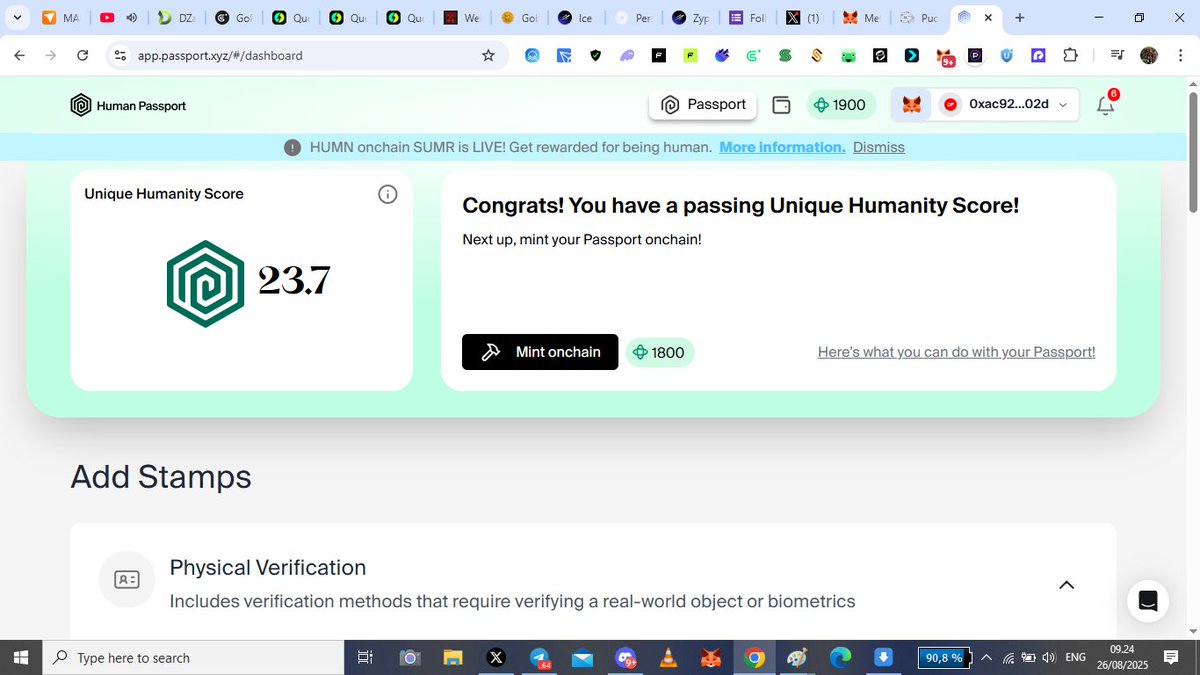 In MetaMask: 

1️⃣ Open MetaMask Portfolio: portfolio.metamask.io 

📷 Connect your MetaMask wallet, go to Dashboard

 📷 Click the button and proceed to claim - you'll be redirected to the Passport App  In Human Passport: 

📷 Connect your wallet to the Passport App:  

📷