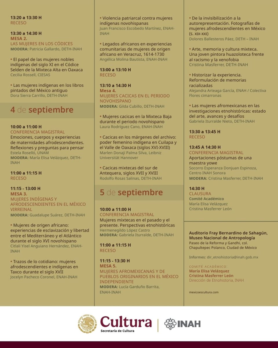 📢 Les invitamos al Coloquio Mujeres indígenas y afromexicanas: Perspectivas etnohistóricas

🗓️3 al 5 de septiembre 
🕙10 a 15 h
📍Auditorio Fray Bernardino de Sahagún - Museo Nacional de Antropología

<a href="/INAHmx/">INAH</a> <a href="/ENAHoficial_dif/">ENAH oficial</a> <a href="/afrodes_mx/">Afrodescendencias Mx</a> <a href="/cultura_mx/">Secretaría de Cultura</a>
<a href="/cnan_inah/">CNAN - INAH</a> <a href="/MariaElisaVelaz/">Maria Elisa Velázquez</a>