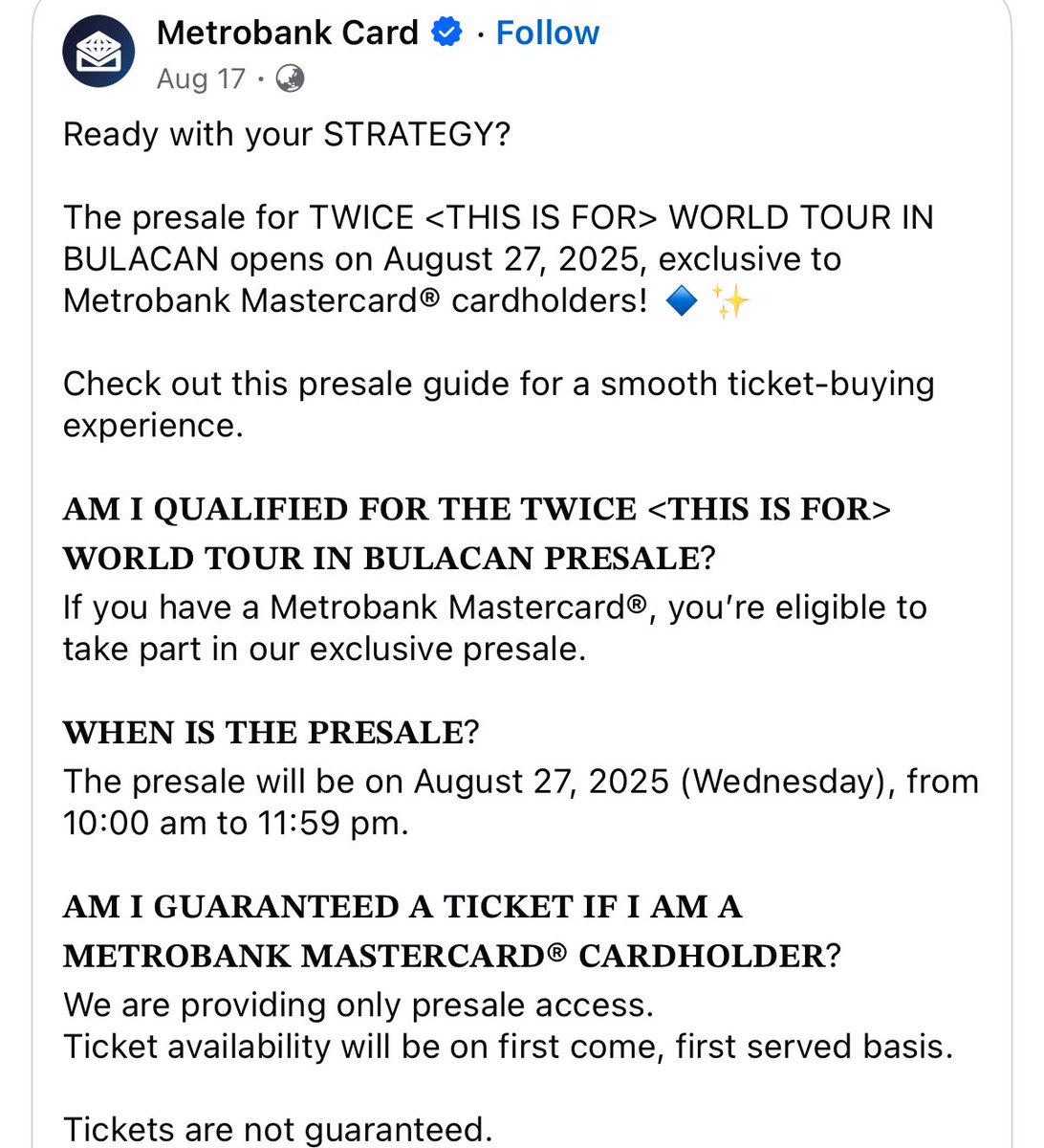 ONCEofCebu's tweet photo. 📌 FAQs for Metrobank Mastercard Presale

1️⃣ When?
🗓 August 27, 2025 (Tomorrow!)

2️⃣ Is this for online selling only?
✅ Yes! Online Presale Link:
🔗 https://t.co/1Au7Dt94ps

3️⃣ Reference
📷 As posted on Metrobank’s official Facebook page:

https://t.co/9V1m9uZogj https://t.co/MyAxXP19AT