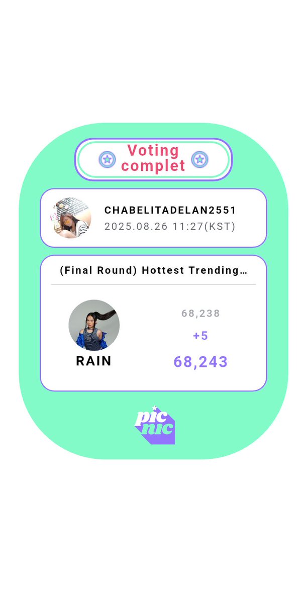 RAIN - (Final Round) Hottest Trending Rookie - Female Voted! 🎉
 #Picnic #Vote #PicnicApp #(FinalRound)HottestTrendingRookie-Female applink.picnic.fan/RIiOb7KKEVb