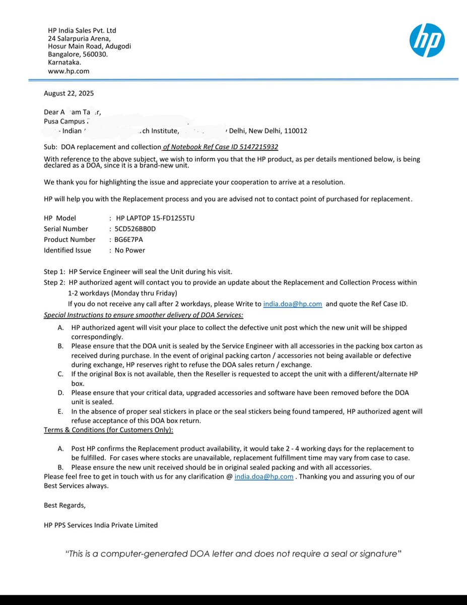 TaterArham's tweet photo. @HPIndia  My DOA laptop (case #5147215932) was sealed faulty on Aug 21st &amp; DOA issued Aug 22nd. Instead of the promised 24-48hr replacement, you're offering a DOWNGRADE (512GB SSD vs 1TB original)! Your own DOA policy is being ignored. Please resolve IMMEDIATELY.
@HP https://t.co/zkuglIDQOt