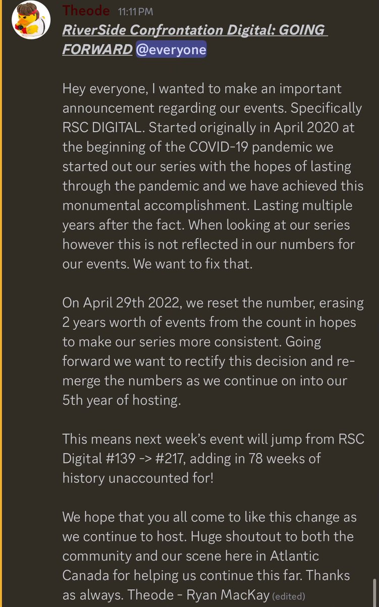 RSC DIGITAL GOING FORWARD 

This change will affect events going forward and combining the numbers from 2020-2025 bringing our online weeklies to week #217! 

Hope you guys enjoy the monumental change and we will see you all next Monday for some more ultimate!