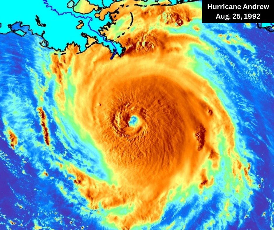 REMEMBERING ANDREW

33 years ago tonight, Hurricane Andrew was approaching the coast of Louisiana. It would make landfall near Morgan City around 3:30 AM on Aug. 26, 1992.

It was a Category 3 at landfall in Louisiana, but had struck Florida as a Cat. 5 (later upgrade) a couple