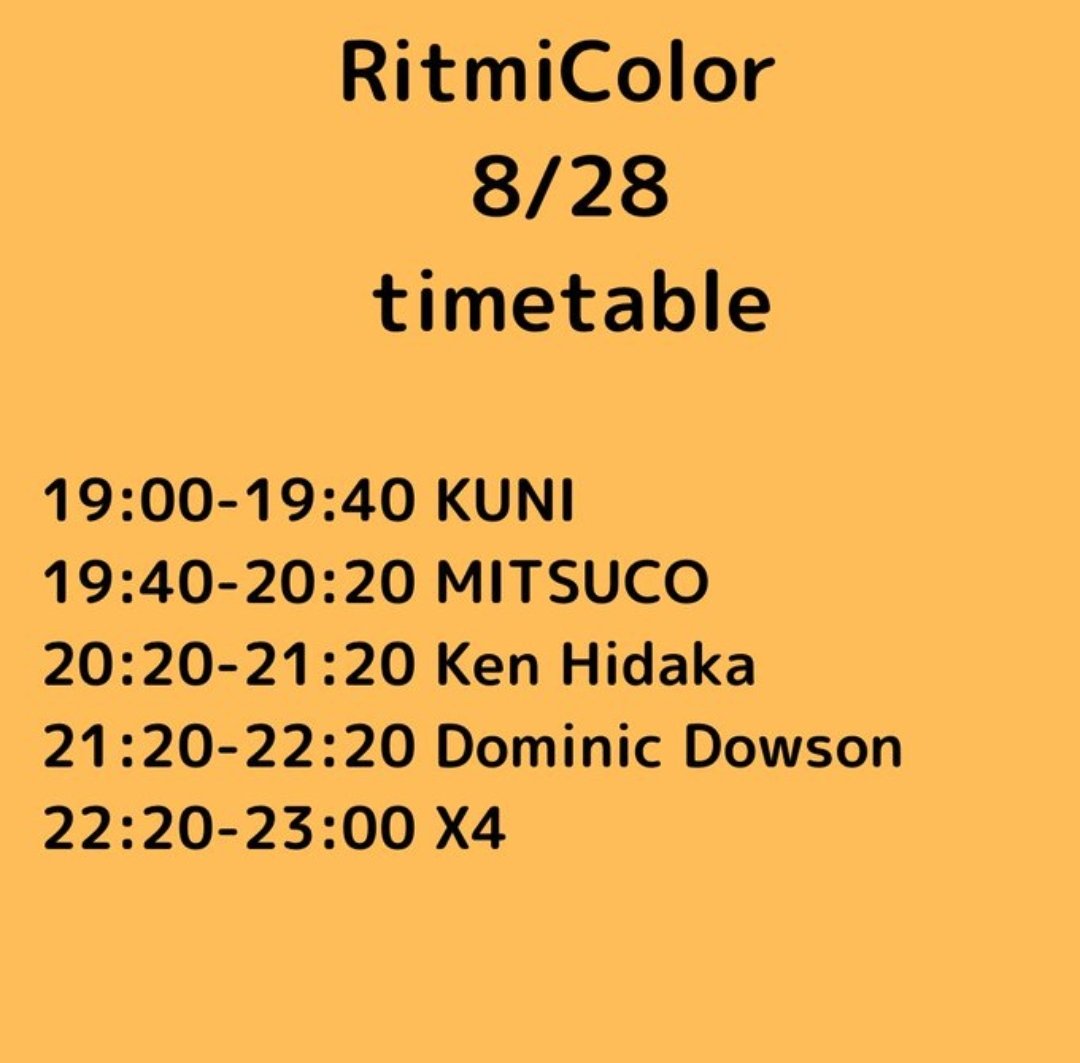 KUNI HOUSE - クニハウス - (@kuni_house) on Twitter photo 【RitmiColor】
<a href="/knock_koenji/">K N O C K K O E N J I</a>
8/28(木)
19:00-23:00
¥1000+1D order
Guest:
Dominic Dowson <a href="/djdlondon/">Dominic John Dawson</a>
Ken Hidaka <a href="/kenhidaka/">Ken Hidaka</a>
Resident:
KUNI
X4 <a href="/agiyin/">やしま</a>
MITSUCO DELIGHT <a href="/mitsygo/">MITSUCO DELIGHT</a>
毎月最終木曜日恒例リトミカラー、今回はバレアリック大先輩のお二方をお招きしての開催です! 【RitmiColor】
<a href="/knock_koenji/">K N O C K K O E N J I</a>
8/28(木)
19:00-23:00
¥1000+1D order
Guest:
Dominic Dowson <a href="/djdlondon/">Dominic John Dawson</a>
Ken Hidaka <a href="/kenhidaka/">Ken Hidaka</a>
Resident:
KUNI
X4 <a href="/agiyin/">やしま</a>
MITSUCO DELIGHT <a href="/mitsygo/">MITSUCO DELIGHT</a>
毎月最終木曜日恒例リトミカラー、今回はバレアリック大先輩のお二方をお招きしての開催です!